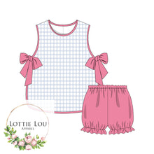 Load image into Gallery viewer, Annabel Side Tie Top and Shorts Set - Blue Windowpane Check with Pink Trim
