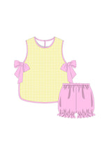 Load image into Gallery viewer, Annabel Side Tie Top and Shorts Set - Yellow Seersucker with Pink Trim
