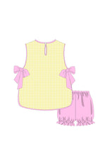 Load image into Gallery viewer, Annabel Side Tie Top and Shorts Set - Yellow Seersucker with Pink Trim
