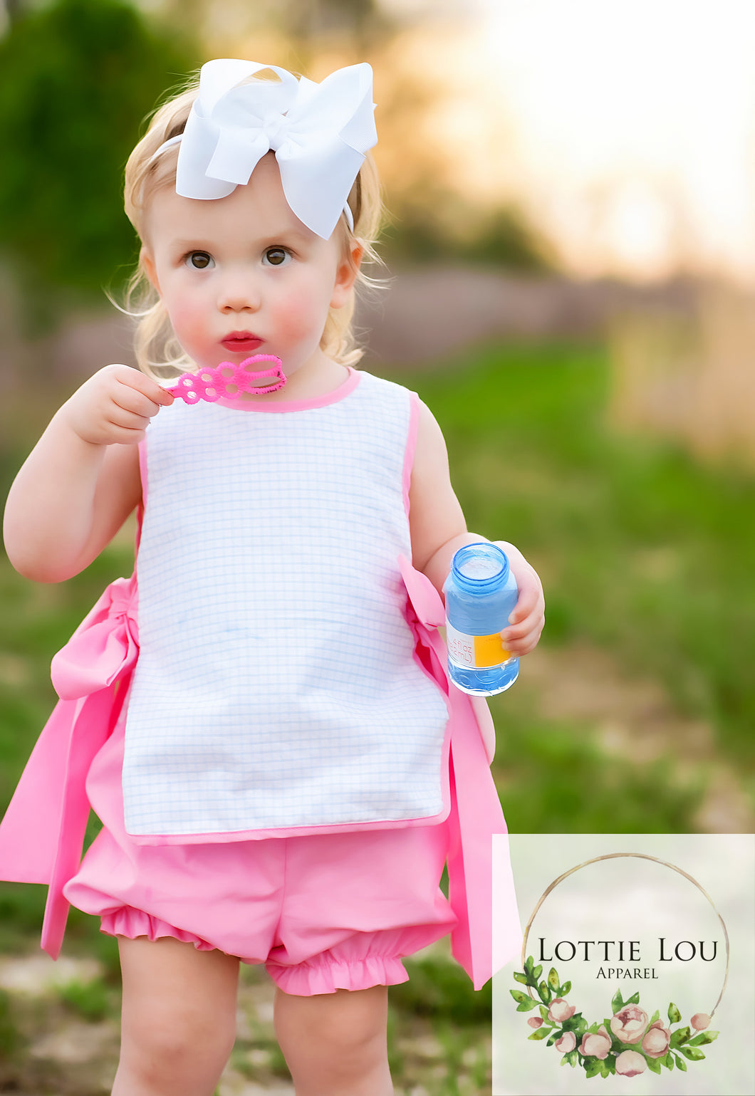 Annabel Side Tie Top and Shorts Set - Blue Windowpane Check with Pink Trim