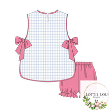 Load image into Gallery viewer, Annabel Side Tie Top and Shorts Set - Blue Windowpane Check with Pink Trim
